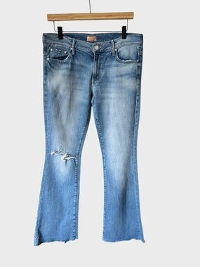 MOTHER Light Blue Flare Jeans with Knee Distress